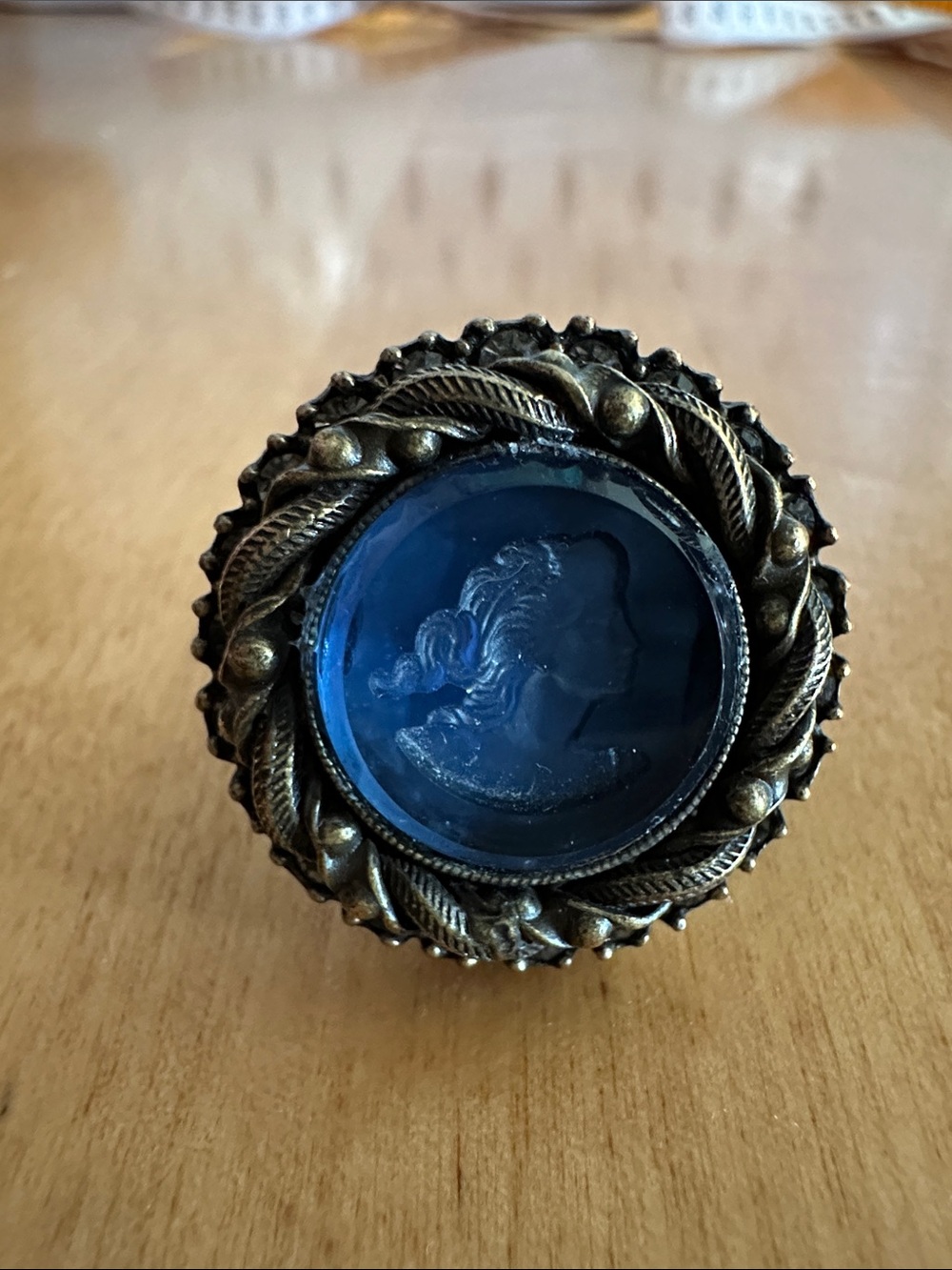 Ollipop Sweet Romance Vintage Blue Glass Intaglio Cameo Statement Ring Size 8